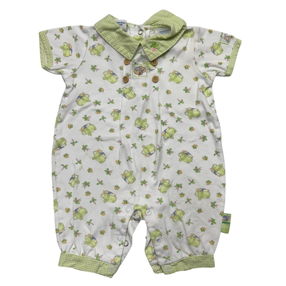 Peter Rabbit Beatrix Potter Embroidered Romper 0/3M White Green Cottagecore